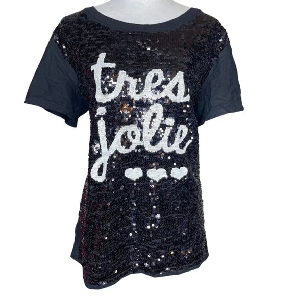 Twin-Set Women's Black Oversize Sequins Tres Jolie T-shirt Size Medium Glam - Picture 1 of 7